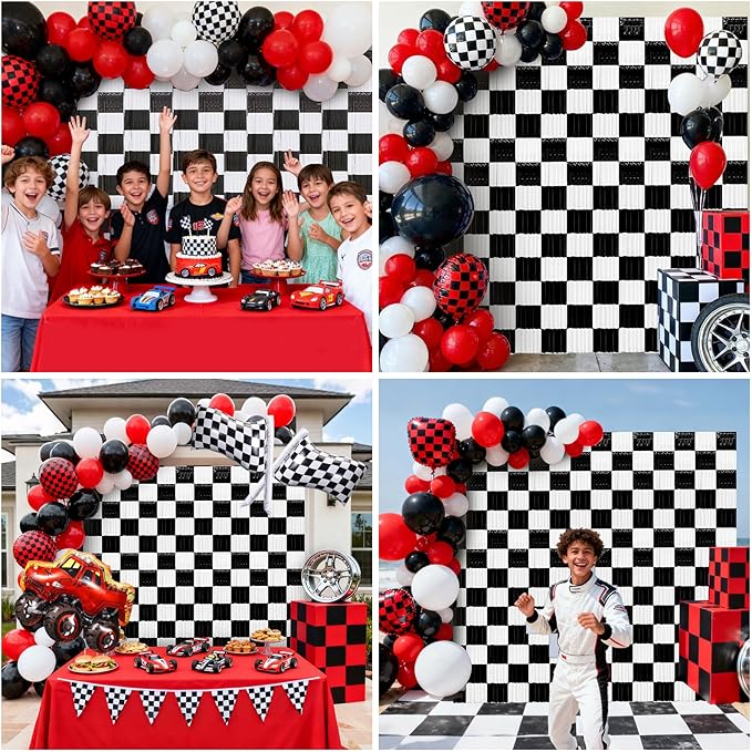 2 Packs Race Car Foil Fringe Curtain, Black White Checkered Glitter Metallic Tinsel Backdrop for Birthday, Baby Shower, Racing Car Truck One Happy Dude Party Decorations Supplies