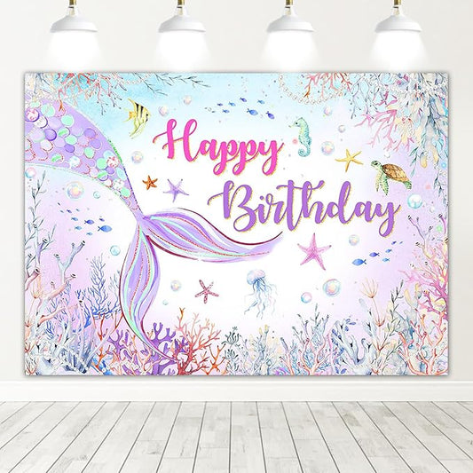 Mocsicka Mermaid Birthday Backdrop Blue and Purple Under The Sea Background for Girls Birthday Party Decor Photo Booth Props (7x5ft)