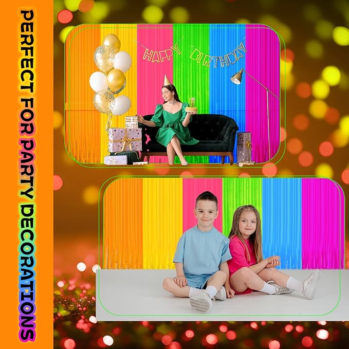 4 Pack Glow in The Dark Curtains Party Supplies 6.6 x 3.3 Ft Glow Tinsel Foil Fringe Curtains Colorful Patchwork Streamer Backdrop for Birthday Holiday Neon Party Decorations