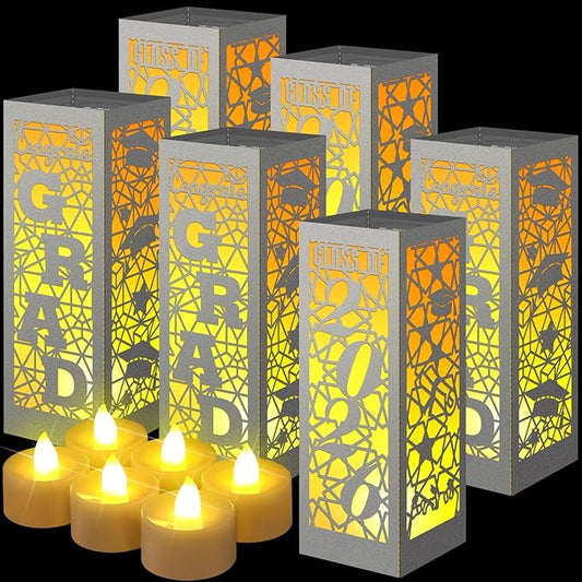 Rossesay 6 Pcs Graduation Table Centerpieces Boxes Class of 2026 Graduation Lanterns for Centerpieces with LED Candles Congrats Grad School College Photo Props for Party Table Decoration (Silver)