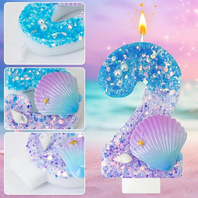 Blue and Purple Birthday Candles, 2th Birthday Cake Decoration, Cupcake Candles，Suitable for Mermaid Theme Party Cake Decoration (2)