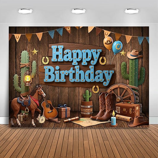 Mocsicka Western Cowboy Birthday Backdrop Wild West Happy Brithday Party Decorations Banner for Boys Western Themed Party Photography Bakground Supplies (Brown, 8x6ft(96"x72"))