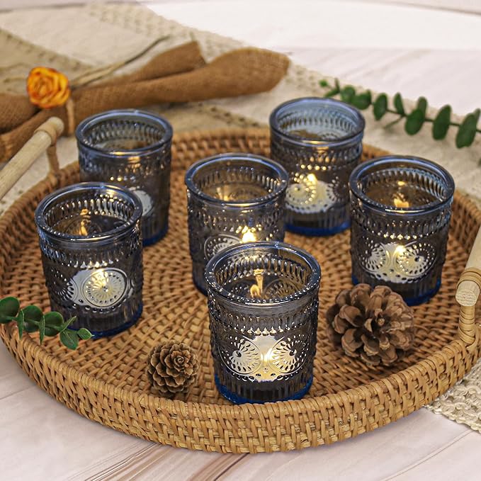 12 Pcs Blue Glass Votive Candle Holders, Tealight Candle Holders for Table Centerpieces, Vintage Candle Holder Bulk, Boho Wedding, Home, Bridal Shower, Birthday Party Table Decor (Blue)