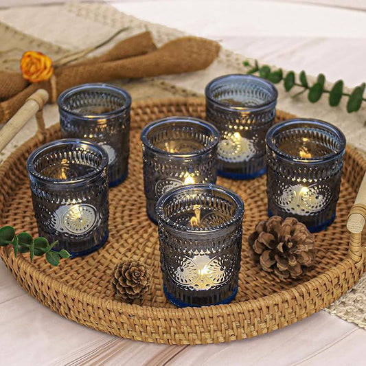 36 Pcs Blue Glass Votive Candle Holders, Tealight Candle Holders for Table Centerpieces, Vintage Candle Holder Bulk, Boho Wedding, Home, Bridal Shower, Birthday Party Table Decor (Blue)