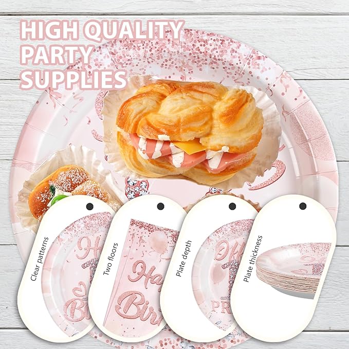 Grencian 12th Birthday Decorations Rose Gold 12th Birthday Plates and Napkins Disposable Rose Gold Official 12 Pre-Teen Paper Tableware Set for Girls 12 Year Old Graduation Party Supplies, Serves 24