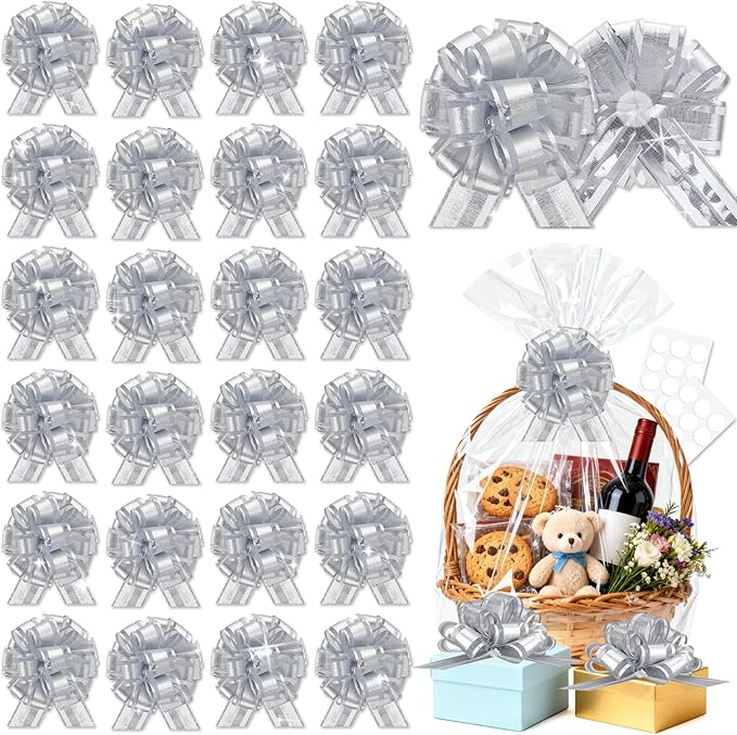 24pcs Silver Pull Bow for Gift Basket Wrapping Xmas Gift Bows Presents Adhesive Wrap Ribbon Bow for Christmas Tree Bottles Bouquet Flower Valentine's Day Party Decor (Silver-G)