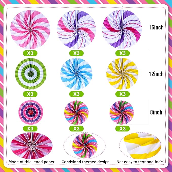 Outus Hanging Paper Fans Decorations Candy Party Classroom Decoration Colorful Peppermint Candy Paper Fan Ceiling Wall Garland for Candyland Themed Birthday Party Supplies(18 Pcs,Classic)