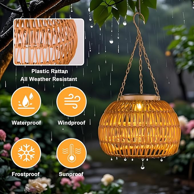Hanging Solar Outdoor Lanterns Waterproof, Rattan Lights Hanging for Outside, Chandelier Solar Outdoor Idea for Gazebo Pergola Porch Patio Yard Garden Pathway Decor, 2 Pack