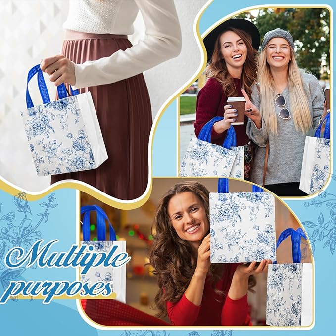 Sweetude 16 Pcs Bridesmaid Gift Bags Blue White Floral Gift Bags with Handle Flower Party Favor Non-woven Reusable Tote for Wedding Birthday Baby Shower Engagement DIY Shopping