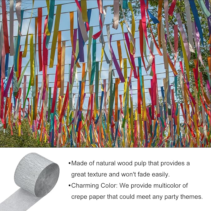 Crepe Paper Roll, Silvery Crepe Paper Streamers Sheets, [for Party Streamer Decorations, Birthday Party] - 1.8 Inch x 82 ft / 2 Roll