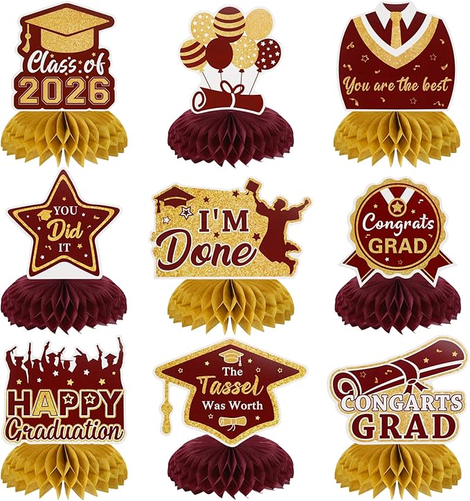 Graduation Decorations Class of 2026 Honeycomb Centerpieces, 9PCS Graduation Centerpieces for Tables, Congrats Grad Table Toppers for 2026 Law Nursing Police Doctoral Graduation Party Decor (Red Gold)