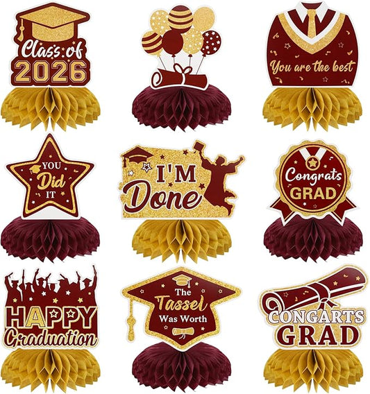 Graduation Decorations Class of 2026 Honeycomb Centerpieces, 9PCS Graduation Centerpieces for Tables, Congrats Grad Table Toppers for 2026 Law Nursing Police Doctoral Graduation Party Decor (Red Gold)