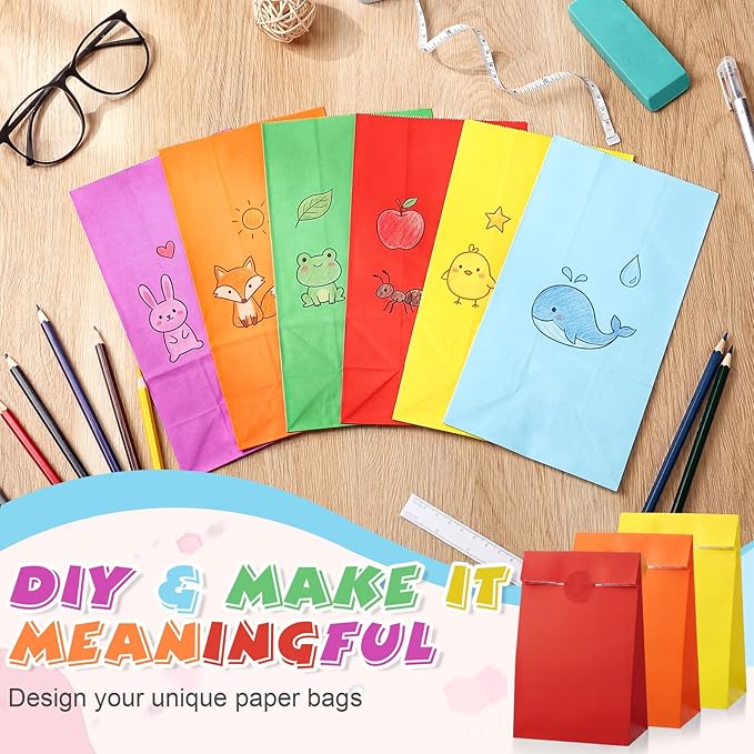 Nezyo 60 Pcs Pastel Gingham Paper Gift Bags with Stickers for Party 5.1 x 3.1 x 9.4 Inches Colorful Rainbow Paper Candy Bag for Party Favor Wedding Birthday Candy Snack DIY Goodie Treat (Rainbow Color)