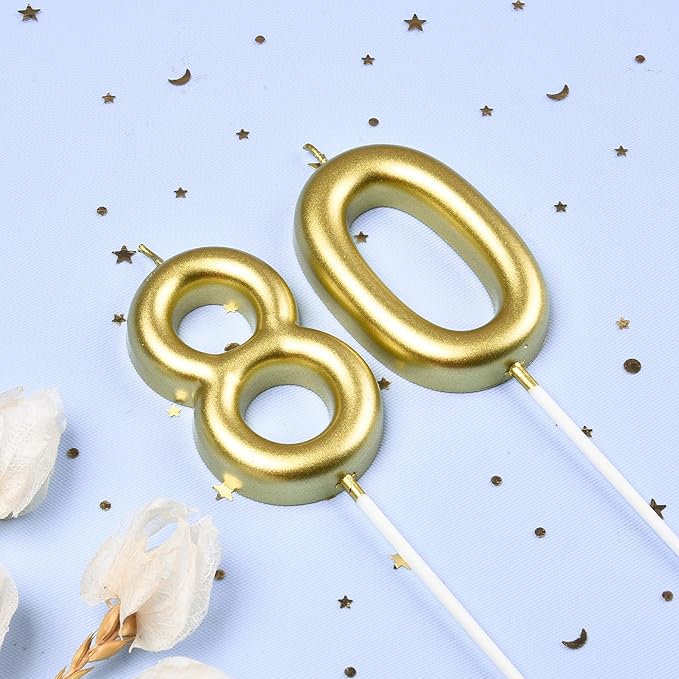 2.76 Inch Classical Gold 80 Number Birthday Candles, Gold and Cake Number Candles for Party Celebration