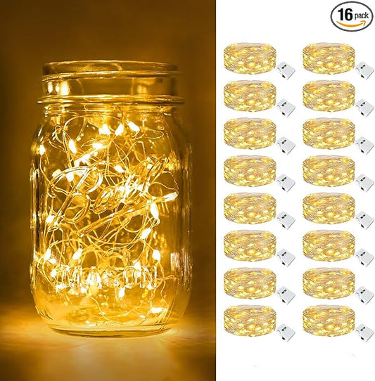 btfarm 16 Pack Fairy Lights Battery Operated [3 Modes], 7ft 20 Led Twinkle Lights String Lights Waterproof Bulk Small Mini Silver Wire for Christmas Mason Jars Wedding Table Centerpiece, Warm White