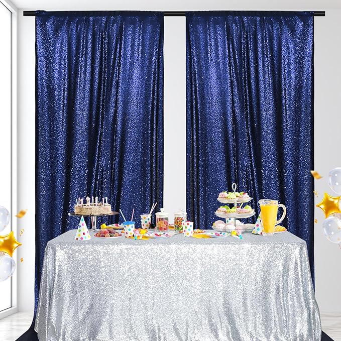 PartyDelight Navy Blue Sequin Backdrop 5x10ft 2 Panels - High Density 3mm Shimmer Sequin Background for Independence Day, Wedding, Stage & Event Decor