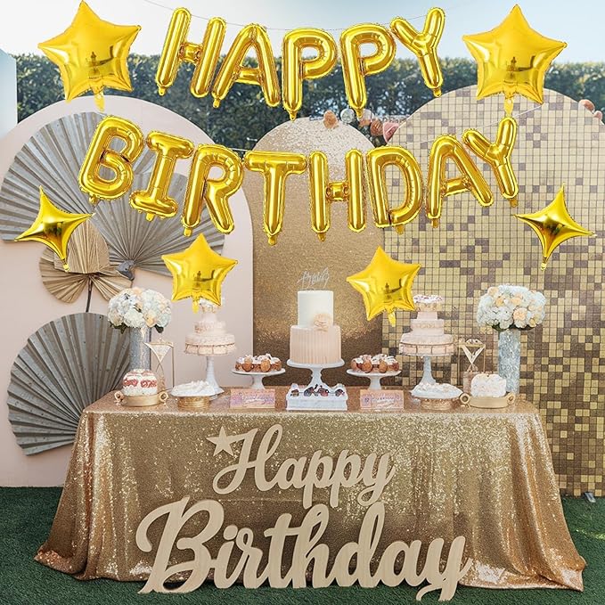 Gold Happy Birthday Balloon Banner, 16 Inch Mylar Foil Letter Balloons, Reusable Birthday Decorations with Gold Star Foil Balloons, Inflatable Party Supplies for Men Women Boys Girls Decorations