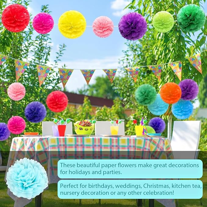 Qimoo 20pcs Light Blue Paper Pom Poms Decorations, DIY Decorative Tissue Paper Pom-poms Flowers Ball for Party Wedding Outdoor Decoration