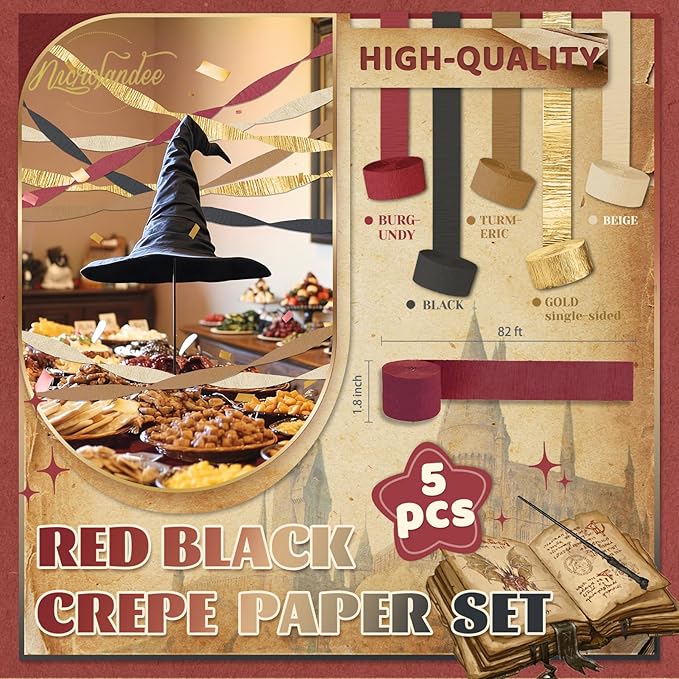 NICROLANDEE 5 Rolls Burgundy Gold Black Crepe Paper Streamers for Magical Wizard School Party Decorations, Casino Theme Party Decorations for Graduation, Retirement, New Year, Milestone Birthday