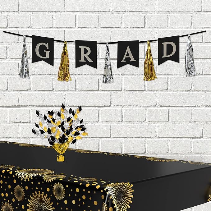 Beistle 2-Pack Metallic Gleam ’N Burst Centerpiece, Black/Gold/Silver Table Decor for Graduation Party with Mini Grad Caps, Tableware Decorations, 15"