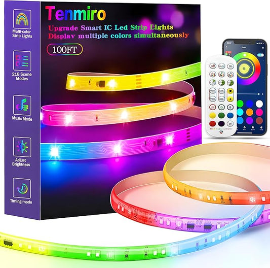 Tenmiro Upgraded Smart IC 100ft LED Lights for Bedroom, Multiple Colors on One Line LED Strip Lights, Bluetooth APP Control Music Sync Color Changing Strip Lights for Room Home Party Decoration
