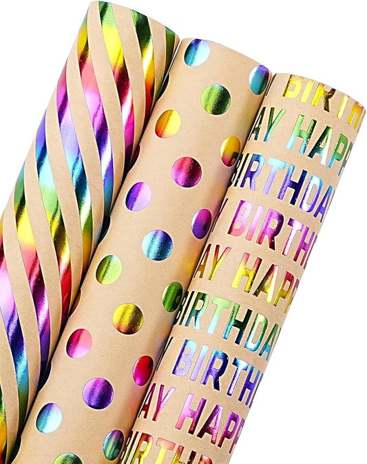 WRAPAHOLIC Kraft Birthday Wrapping Paper Roll - 3 Mini Rolls - 17 Inch x 120 Inch Per Roll - Rainbow Foi Happy Birthday Wrapping Paper for Boys Girls Kids, Baby Shower