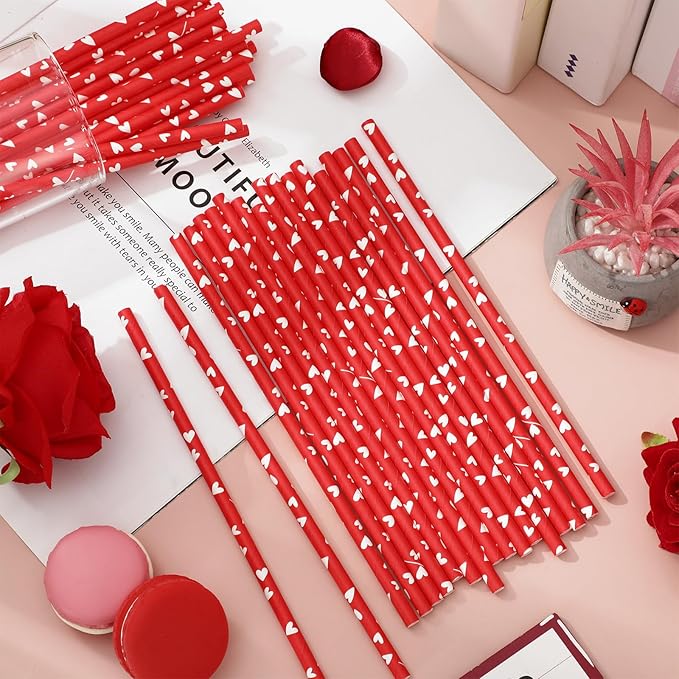 Whaline 200Pcs Valentine's Day Paper Straws Disposable Straws Romantic Red White Heart Drinking Straw for Valentines Party Wedding Anniversary Supplies