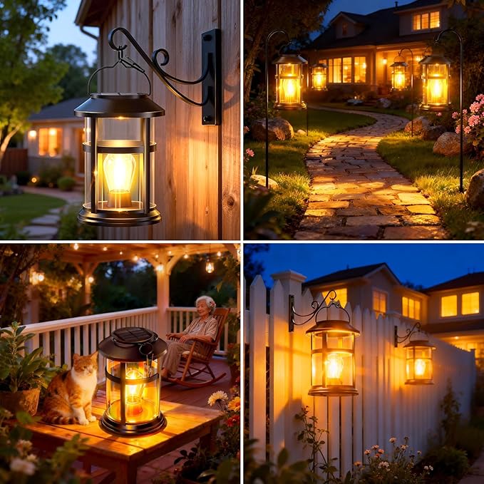 GARPAR Solar Lanterns Outdoor Waterproof with Wall Mount Kit, Upgraded Brighter Hanging Solar Lights for Outside, Auto On/Off Solar Powered Lantern for Garden Yard Patio Porch Decor, Gift for Mom