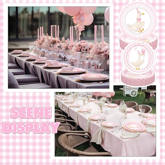 Zhehao 350 Pcs One Silly Goose Birthday Party Tableware Set Scalloped Pink Bow Baby Shower Plates Cup Napkins Forks for Birthday Party Decorations Supplies for 50 Guests
