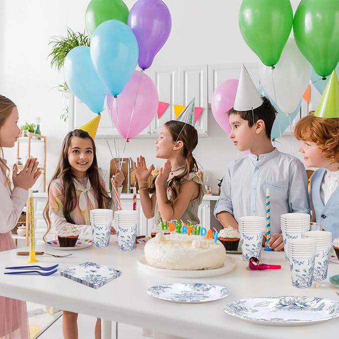 Kochorie 144 Pieces Blue and White Flower Print Party Tableware Sets Including Disposable Plates Napkins Cups Forks Serves 24 for Wedding Birthday Baby Shower Party Supplies
