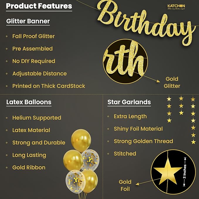 KatchOn, Gold Birthday Decorations Set – Pack of 53 | Glitter Happy Birthday Banner, Gold Star Garland and Confetti Balloons Arch Kit | Happy Birthday Decorations Women, Men | Happy Birthday Sign