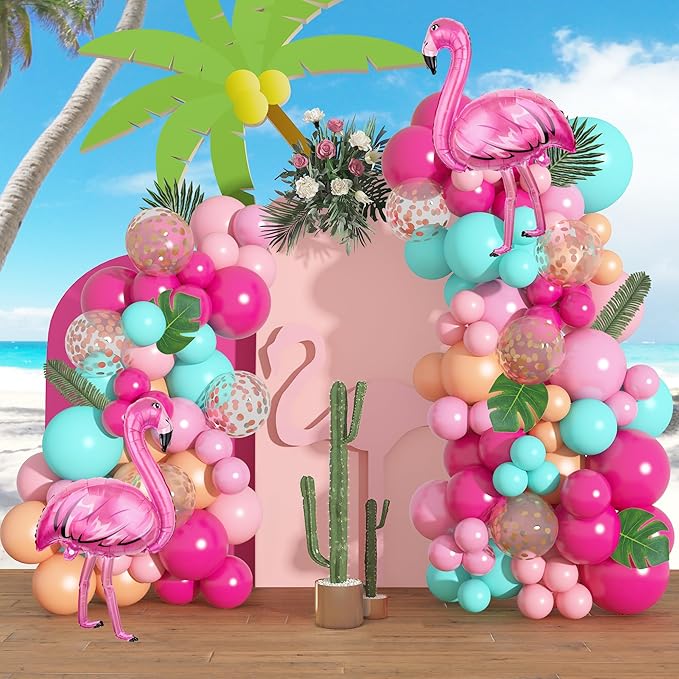124Pcs Tropical Flamingo Balloon Arch Garland Kit 40" Flamingo Balloons Hot Pink Confetti Balloons Tropical Palm Leaves 4 Tools Hawaiian Luau Birthday Wedding Baby Shower Party Decorations Supplies