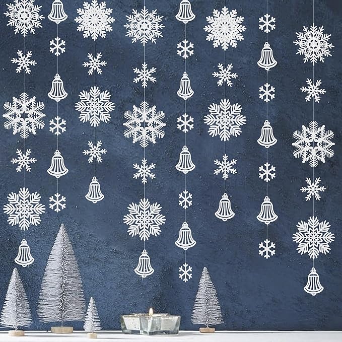 40Ft White Snowflakes Bell Garland Glitter Paper Big Snowflakes Hanging Streamer Backdrop for Winter Wonderland Christmas Holiday Birthday Home Window Wall Room Decor