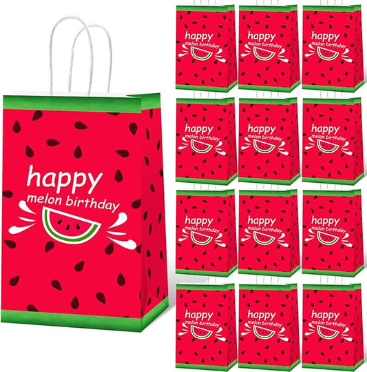 gisgfim 12 Pieces Watermelon Party Favor Bags Melon Birthday Goodie Treat Paper Bags Summer Fruit Theme Party Supplies Decorations for Baby Shower Birthday Gifts