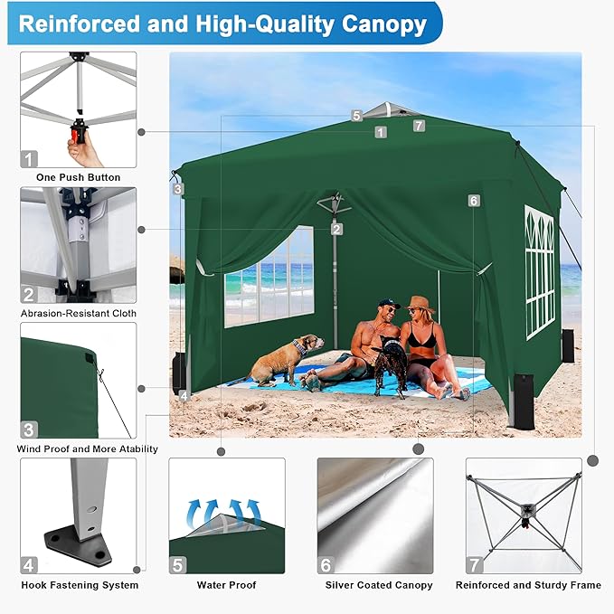 SANWAY 10x10 Pop Up Canopy Tent with Sidewalls x 4 – Easy Setup Canopy Tent, Waterproof, UV-Resistant, Portable with Carry Bag for Outdoor Events, Camping, and Backyard Parties – Dark Green