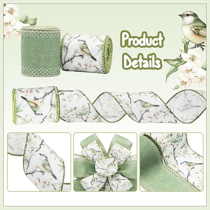 Sage Green Bird Floral Wired Ribbon Set, 2 Rolls 2.5 Inch x 10 Yards Total, Vintage Botanical Bird Ribbon for Wreaths, Bows, Gift Wrapping, Wedding Decor, Spring Summer Crafts