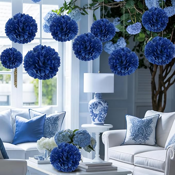 10 Pcs Paper Pom Poms Flowers for Wedding, Birthday Party, Baby Shower, Nursery Decor, Bachelorette Party Hanging Decor, Easy Joy (10 inch, Navy Blue)