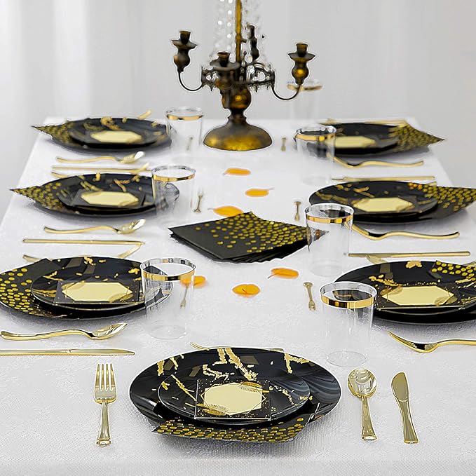 N9R 225pcs Black Gold Plastic Plates, Disposable Dinnerware Set Include 25 Dinner Plates, 25 Dessert Plate, 25 Plastic Silverware, 25 Mini Forks, Gold Cups, Napkins and Table Cards Halloween
