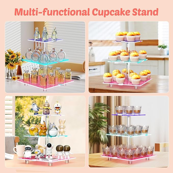 LED Acrylic Cupcake Stand, 3 Tier Cupcake Stand with Rechargeable Light, Clear Cupcake Tower Stand 24 Cupcakes, 7 color Cupcake Display Stands for Weddings, Birthdays,Party,Graduation