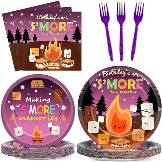 OBUSATT 96Pcs S'Mores Birthday Party Supplies - Smores Bonfire Birthday Paper Plates, Napkins, Marshmallows & Dinnerware for 24