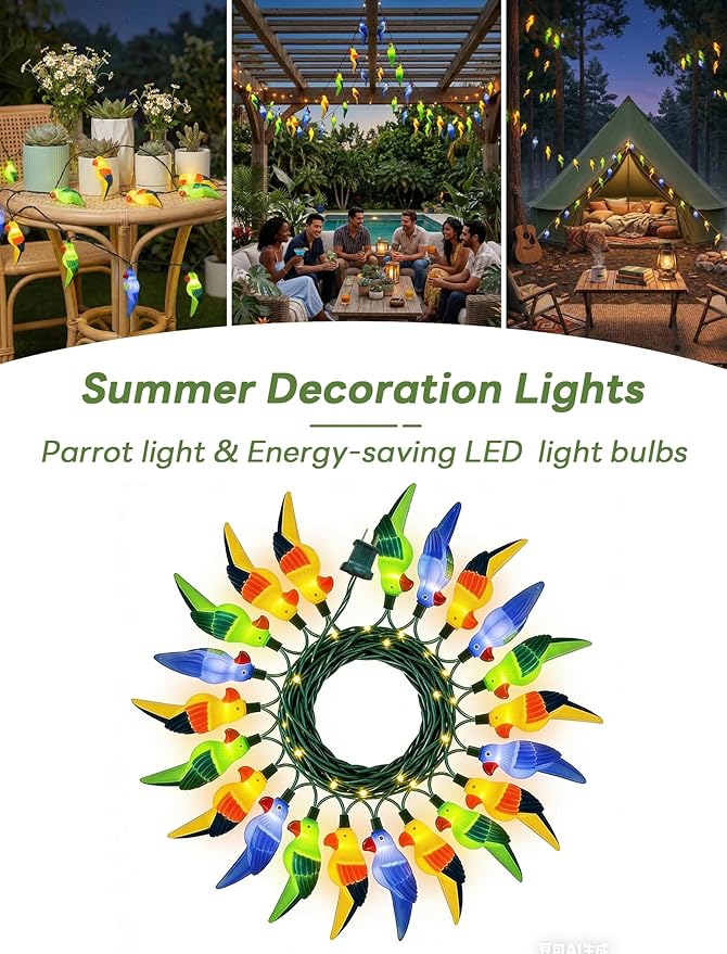 Parrot String Lights, 8.5FT 10 LED Summer String Lights with UL Certified Plug, Waterproof Tropical Party Decorations for Patio, Connectable Hawaiian Lights for Garden Backyard Bedroom Decor