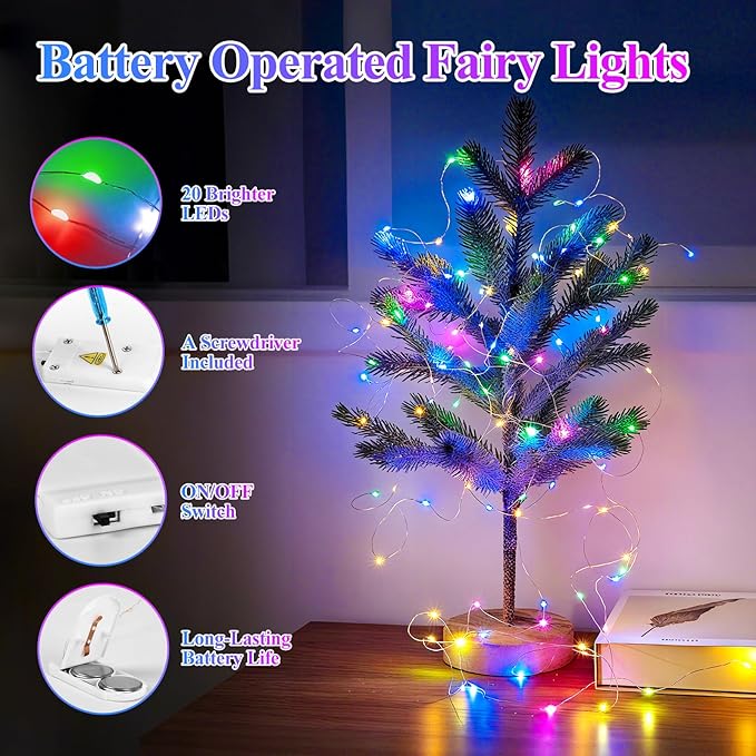 Lakumu 12 Pack Fairy Lights, 7FT 20 LED Battery Operated Silver Wire String Lights, Multicolor Firefly Starry Moon Lights for DIY Decor, Party, Wedding, Centerpiece Table Decor