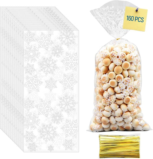 160 Pcs Snowflake Cellophane Candy Bags - Winter-Themed Snow Treat Bags with Twist Ties, Goodie Snack Gift for Christmas Party Favors, Holiday Gift Wrapping, and Xmas Supplies (White, One Size)