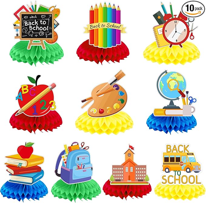 10 Pcs Back to School Decorations, First Day of School Table Toppers Honeycomb Ornaments Centerpieces, Schools Bus Pencil for Classroom Table Decoration Kids Welcome Back to Schools Party Supplies