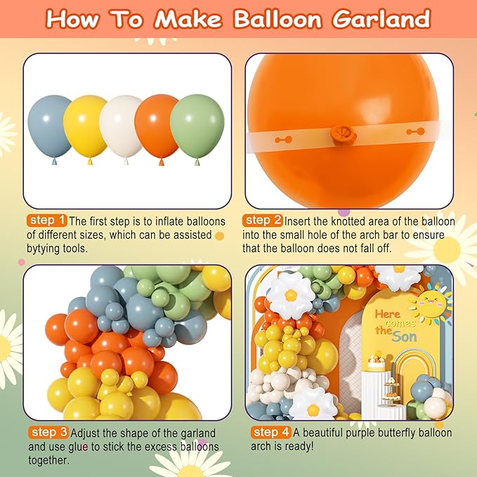 Ouddy Life 167Pcs Here Comes the Son Balloon Arch Garland Kit, Retro Boho Colorful Dusty Blue Burnt Orange Mustard Yellow Daisy Balloons for Boys First Birthday Baby Shower Easter Party Decorations