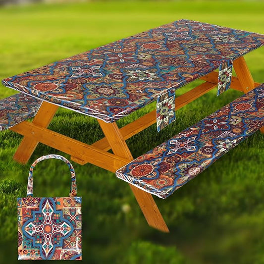 Fitted Picnic Table Cover with Bench Covers Waterproof Elastic Edges Rectangle Patio Tablecloth Outdoor Camping Essentials Stuff Rv Accessories Summer Travel Trip Camper Gifts for Woman Men, 96in 8 ft