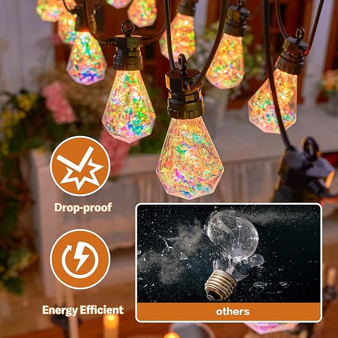 Outdoor String Lights, 50FT 20 LED Iridescent Holographic Bulbs, Waterproof Patio Lights with Remote Control, Shatterproof Connectable Lights for Backyard, Porch, Garden, and Party