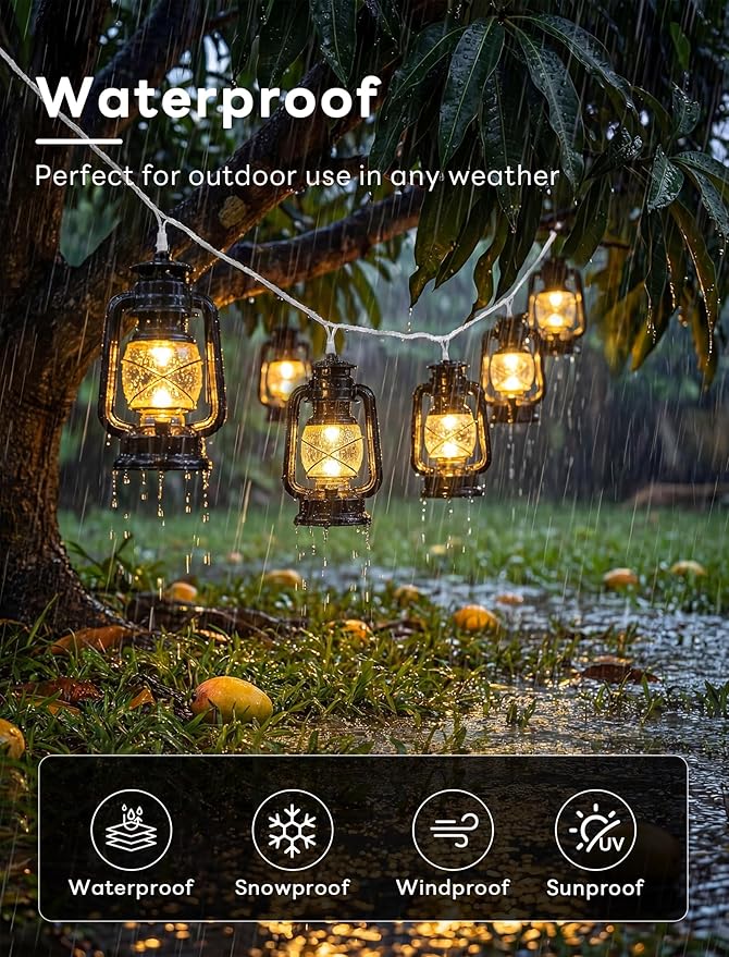 Vintage Kerosene Lantern String Lights, 12FT Retro Hurricane Lamp with 20 LED Black Kerosene Lights, Rustic Farmhouse Decorative Lighting for Camping, Patio, Fireplace, Wedding, Christmas Decor