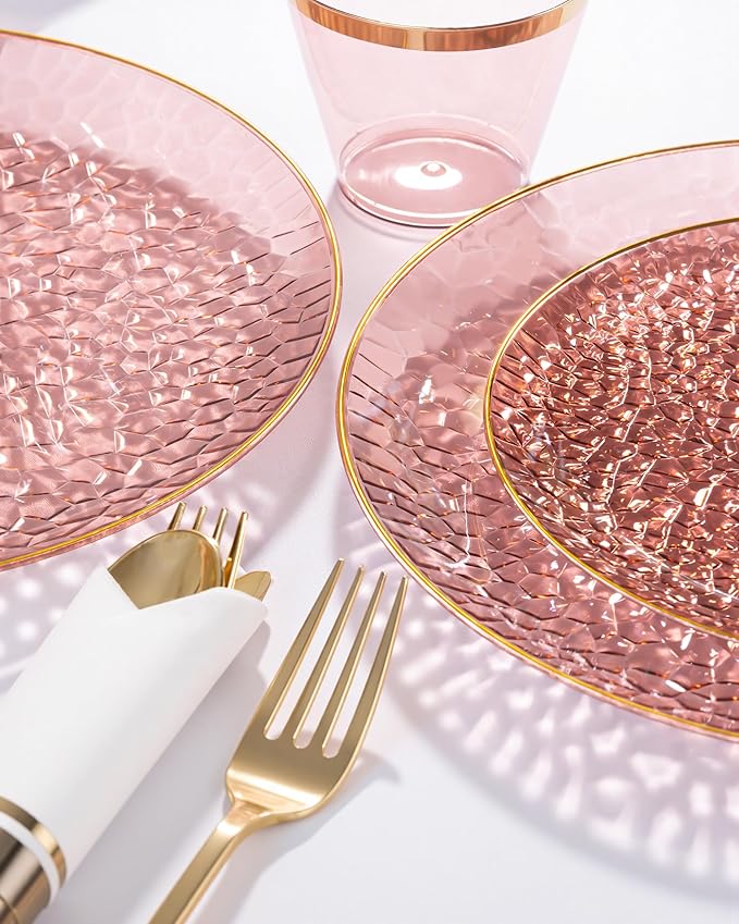 Hioasis 175PCS Clear Burgundy Plastic Plates - Hammered Disposable Dinnerware Set for Party Includes 25 Dinner Tableware, 25 Dessert Tableware,25 Cups,25 Rolled Napkin Cutlery for Mothers Day