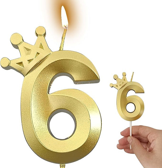 The Number 6 Gold Birthday Candles for Cake is Beautiful Number Candles for 6th Birthday Decorations for Boys and Girls (Gold-6, Crown)